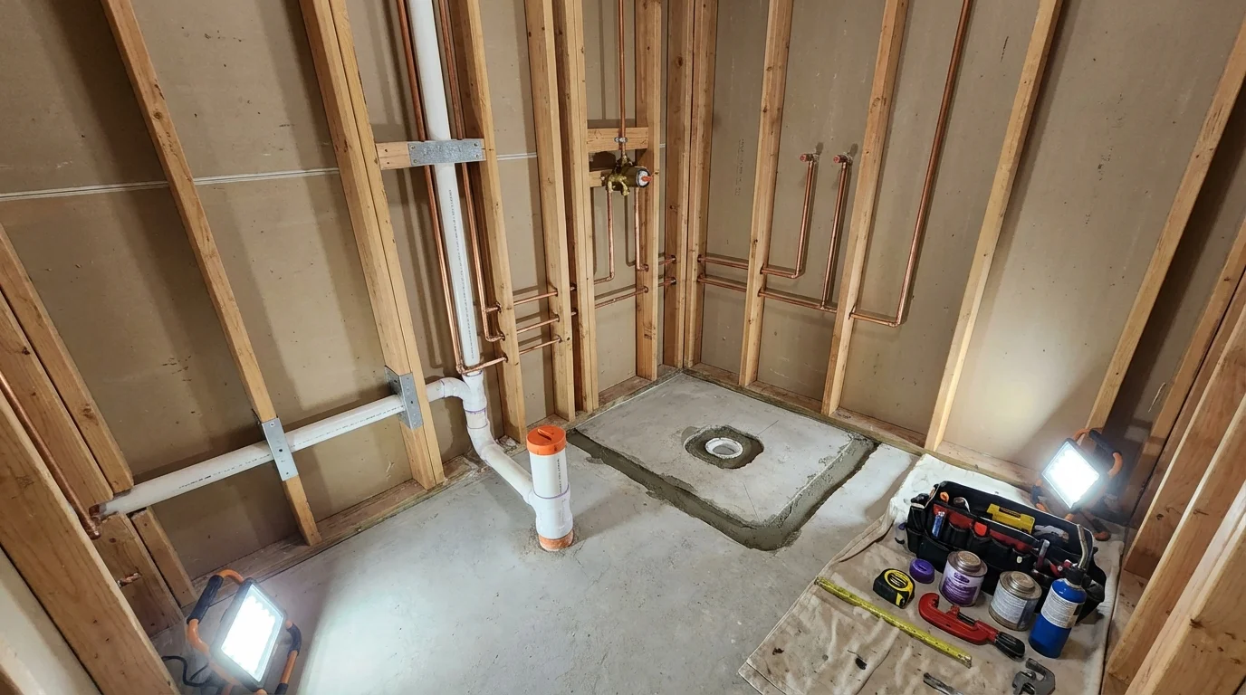 Bathroom rough-in plumbing during remodel by Johns Plumbing LLC in Bessemer