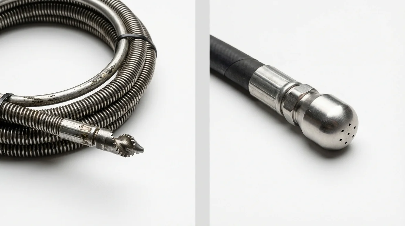 Drain snake cable and hydro jetting nozzle used for drain cleaning in Bessemer, MI
