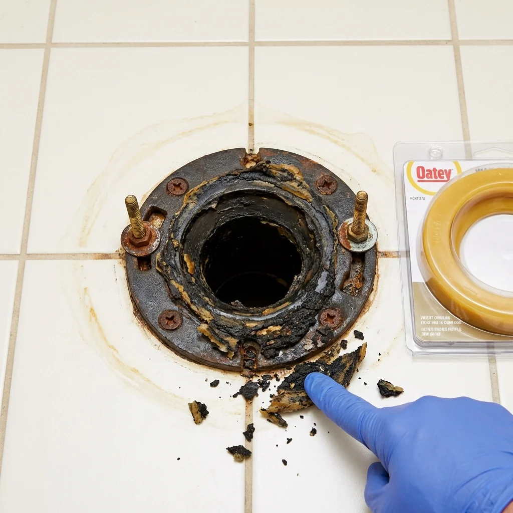 Failed wax ring showing water seepage at the base of a toilet in a Bessemer, MI home