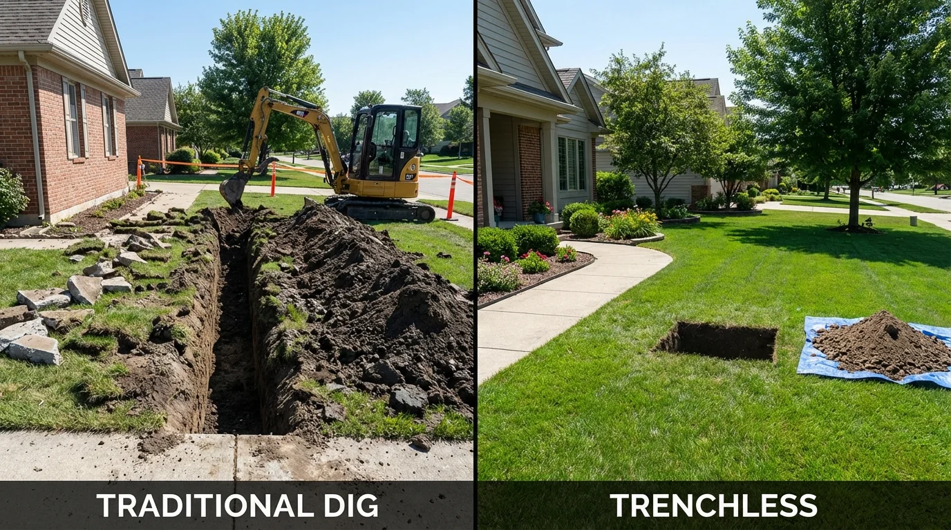 Trenchless sewer repair with minimal yard damage versus traditional excavation in Bessemer, MI