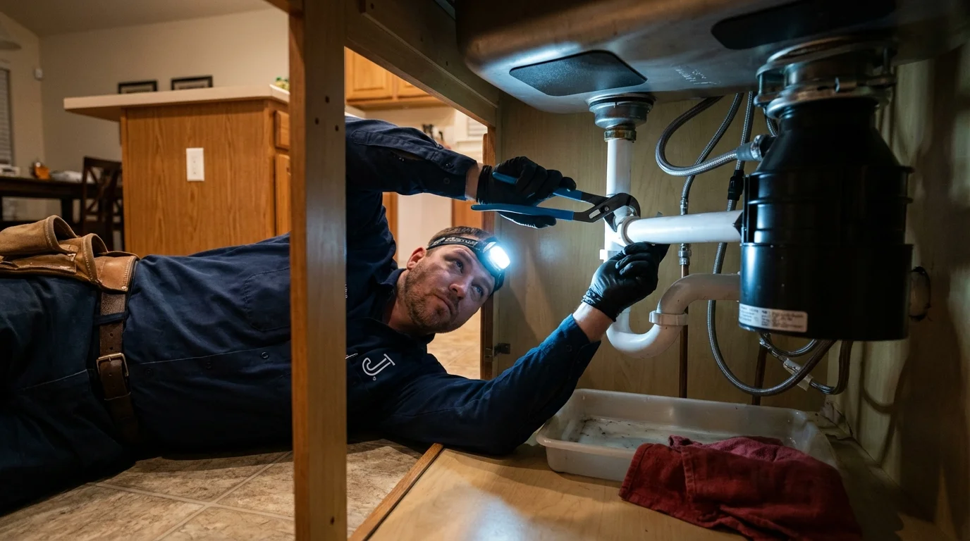 P-trap and supply line connections under a kitchen sink showing a common leak point in Bessemer, MI